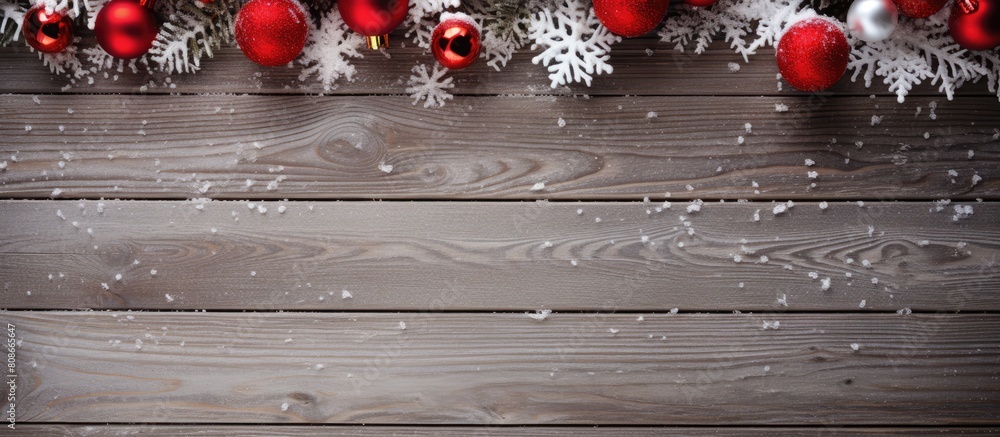 Poster view from above of a christmas themed wooden background featuring a snow covered surface adorned wit