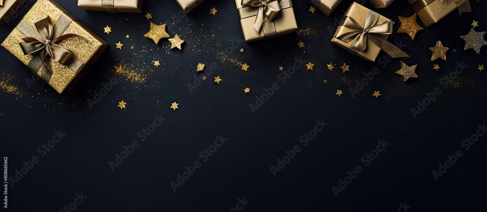 Poster a view from above of gift boxes on a dark table background with copy space for any holiday concept p