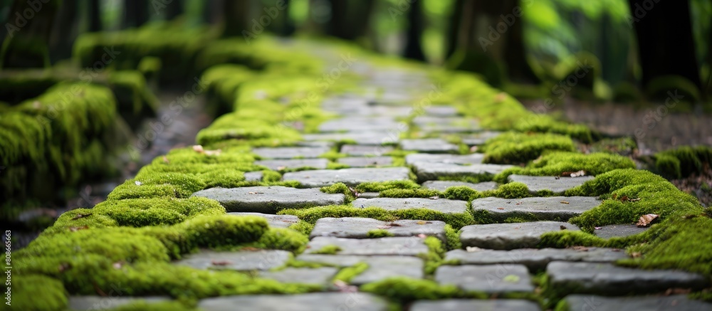 Poster a stone tile walkway with a moss covered texture background. copy space image. place for adding text