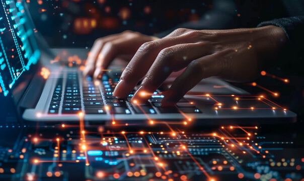 Female programmer coding AI software application with digital circuits, JavaScript on laptop screen - tech startup coding concept
