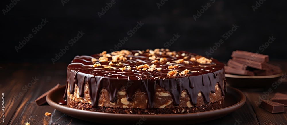 Poster a homemade no bake chocolate biscuit cake is placed on a table presenting a lazy cake or mosaic cake