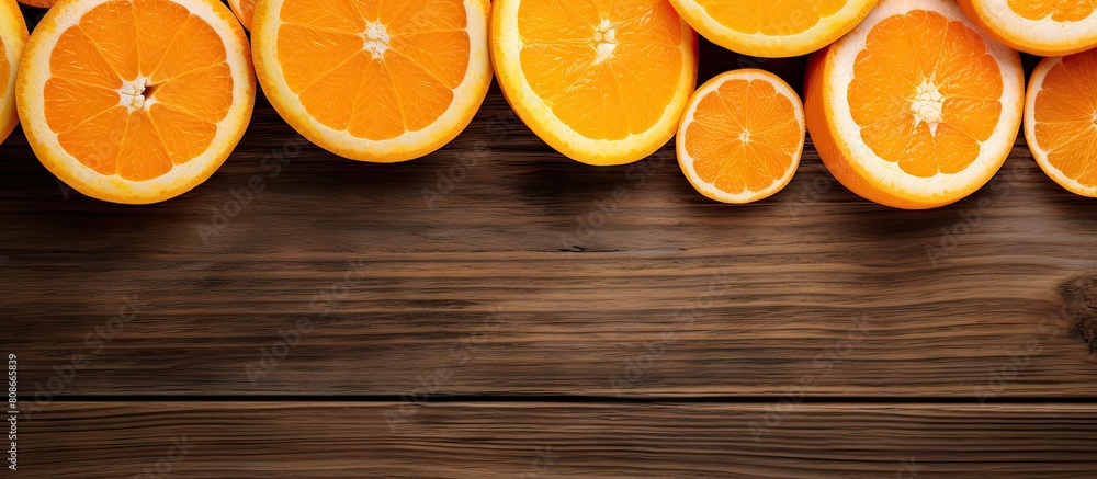 Aufkleber a top view of sliced oranges arranged on a wooden table with space for additional elements in the im