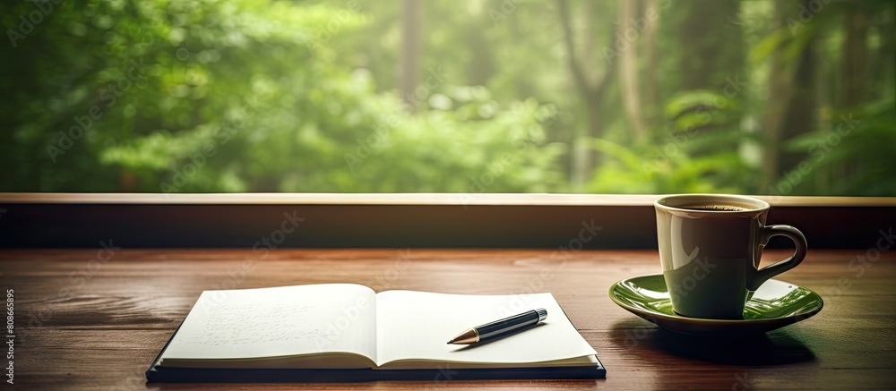 Aufkleber on a wooden table there is a pen paper and a coffee mug creating a visually appealing copy space ima