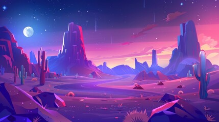A night time desert landscape with cactuses and rocks. Modern cartoon illustration depicting a highway turn in hot sand desert dominated by mountains, the moon and stars.