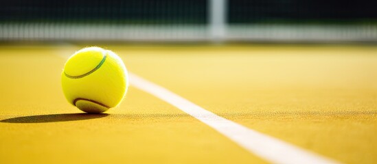 Obraz premium Copy space image of a tennis sport composition with a vibrant yellow tennis ball and racket on a tennis court promoting a sporty and healthy lifestyle
