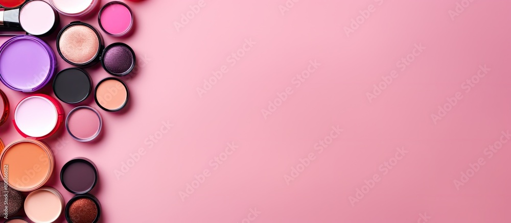 Aufkleber top view of makeup professional cosmetics on a pink background with ample space for text or other el
