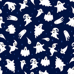 Vector Halloween ghost seamless pattern. Cute white flying ghosts on dark blue background with stars. Spooky cartoon character illustration for wrapping paper, fabric, greeting design, holiday decor.