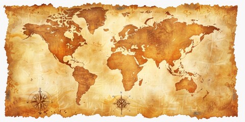 A map of the world with a compass on it. The map is old and worn, giving it a vintage feel