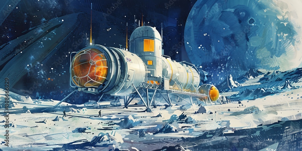 Poster a space station is shown in the middle of a snowy landscape. the station is surrounded by a large, o