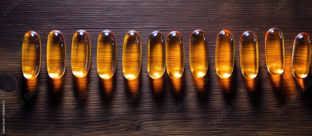 Poster health concept photograph featuring a high quality image of omega 3 capsules arranged on a wooden ba