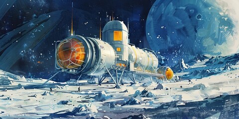 A space station is shown in the middle of a snowy landscape. The station is surrounded by a large, orange object and a smaller, white object