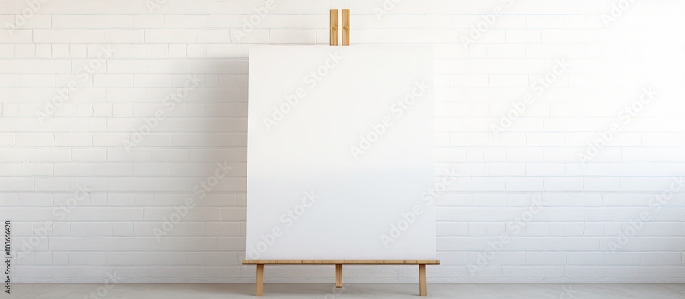 Poster indoors there is a wooden easel positioned near a white wall featuring a blank canvas there is a gen