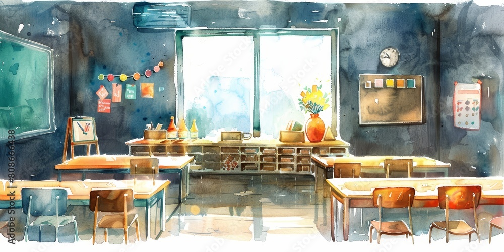 Poster a classroom with a clock on the wall and a vase on a table. the room is empty and has a very clean a