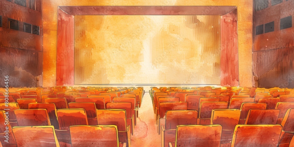 Poster a stage with a large empty audience. the stage is set for a performance. the audience is seated in r
