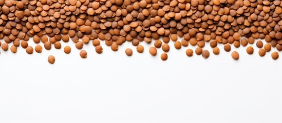 Naklejka premium A top view of uncooked brown lentils arranged around the borders with a white background providing copy space for text