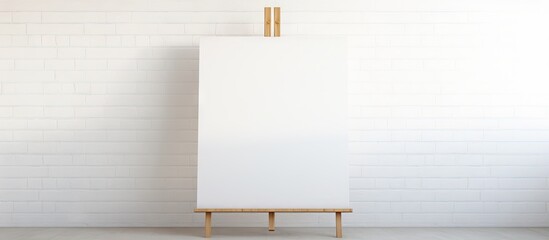 Indoors there is a wooden easel positioned near a white wall featuring a blank canvas There is a...