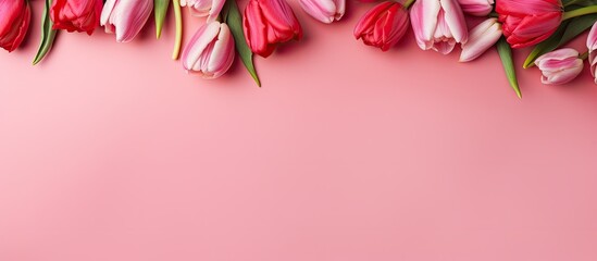 A pink background creates the perfect canvas for a creative Mother s Day greeting card Red tulips and spring flowers are arranged in a flat lay style making it a cheerful celebration postcard templat