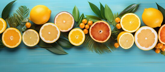 A wooden surface adorned with a pleasing arrangement of lemons oranges and palms creates a vibrant summer background perfect for a copy space image