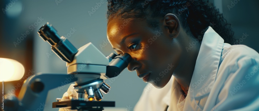 Poster portrait of beautiful black scientist using microscope to analyze test samples. young biotechnology 