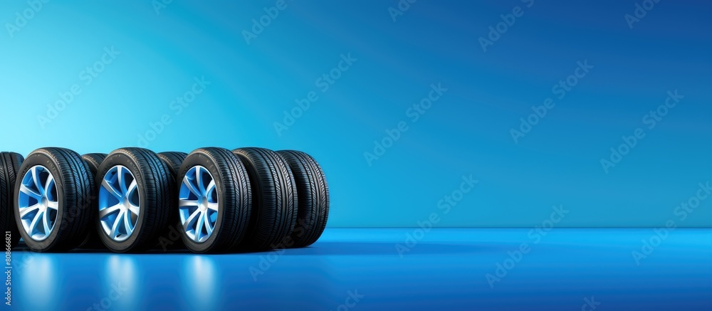 Poster a stack of summer tires and wheels with a blue background offers a new set of wheels with a long bla