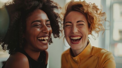 Two colleagues laughing while working together, emphasizing teamwork and positive office culture 