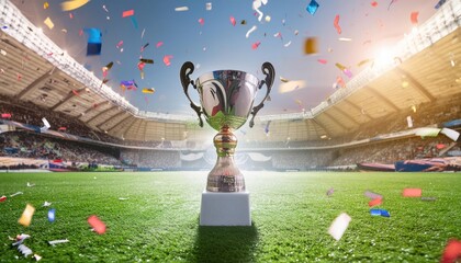 The champion cup stands on a green field at a football stadium with the light of spotlights 