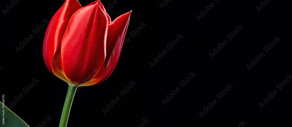 Aufkleber A vibrant vibrant red tulip stands alone on a black background filling the frame Plenty of space around it for text or other elements. Copy space image. Place for adding text and design