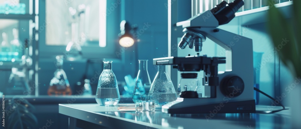 Poster this modern laboratory contains a microscope and test tubes with biochemicals on the desk. this is a