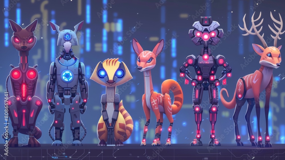 Aufkleber robots, cyborgs and deer. cartoon robotics characters with glowing eyes and wires, mechanical and el
