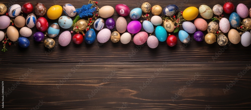 Aufkleber top down view of a wooden background adorned with an assortment of easter eggs providing ample copy 