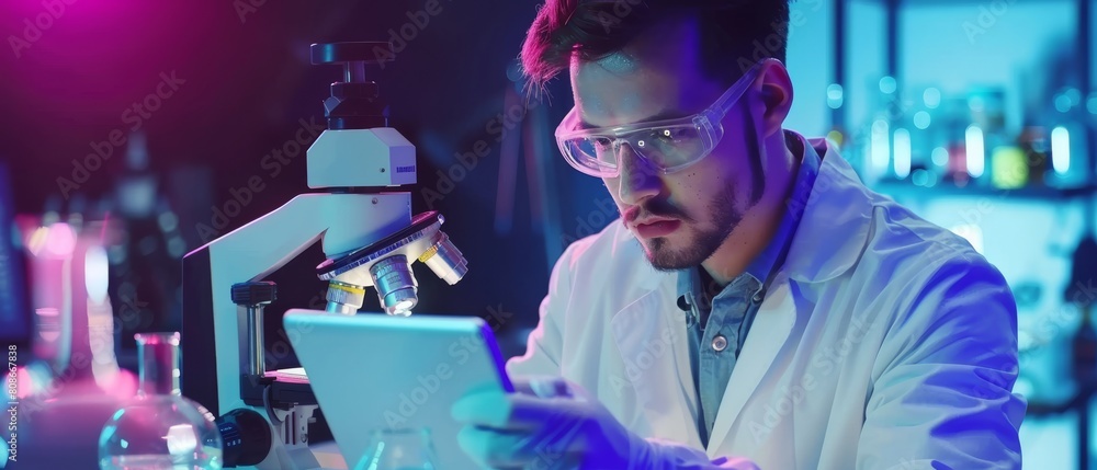 Poster a handsome male scientist uses a digital tablet computer to analyze data in an advanced scientific l