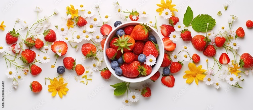 Poster A top down view of a white table adorned with a vibrant arrangement of summer flowers and a bowl overflowing with fresh strawberries Ample space for additional images