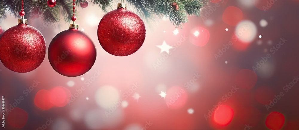 Poster copy space image of red christmas balls hanging on pine branches along with tree garland and ornamen