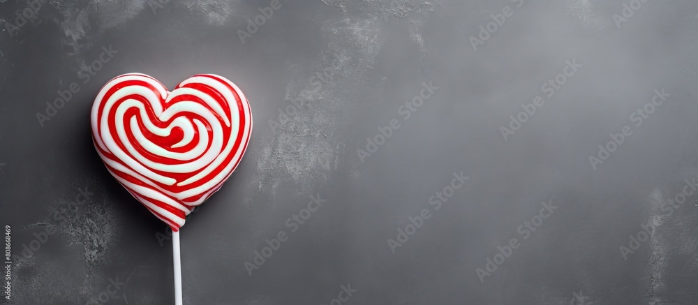 Poster a gray background with a top view of a heart shaped lollipop featuring red and white swirls a perfec