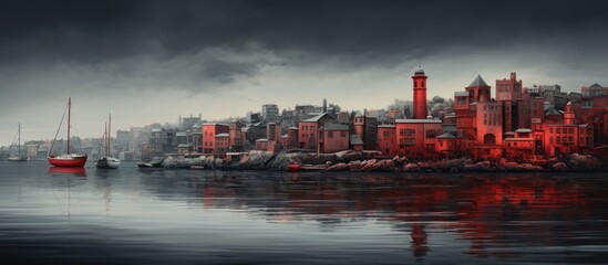 The harbor is lined with vibrant red buildings creating an eye catching scene that offers plenty of copy space for images