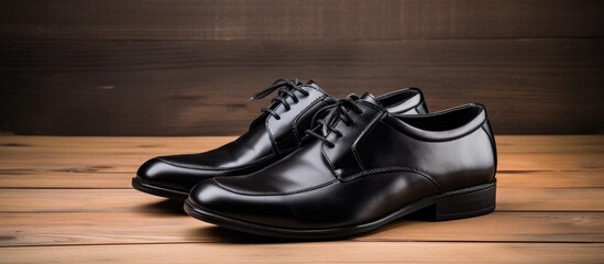 Copy space image of black leather men s shoes on a wooden background