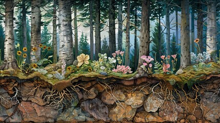 Vibrant cross-section of a temperate forest, featuring flora and fauna interactions, root systems, and geological elements in the forest floor, naturalistic detail - obrazy, fototapety, plakaty