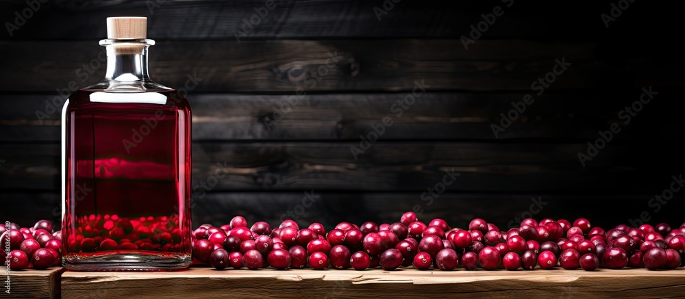 Poster a wooden stand and background with stacks of vodka and cranberries creating a copy space image for b
