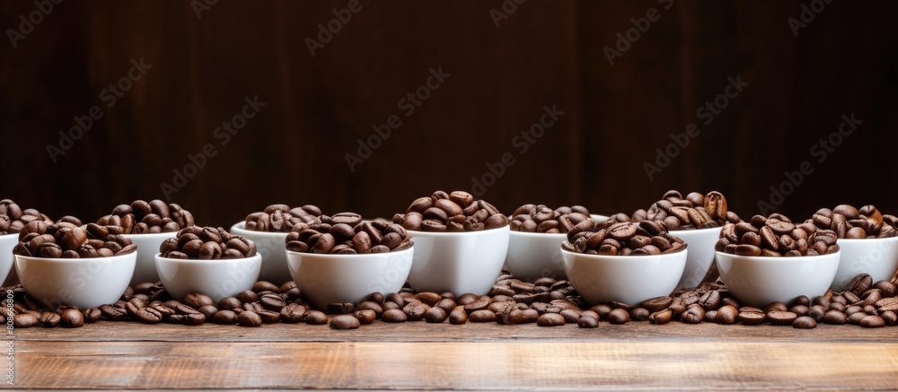 Poster coffee beans arranged on a wooden background with saucers creating a visually appealing copy space i