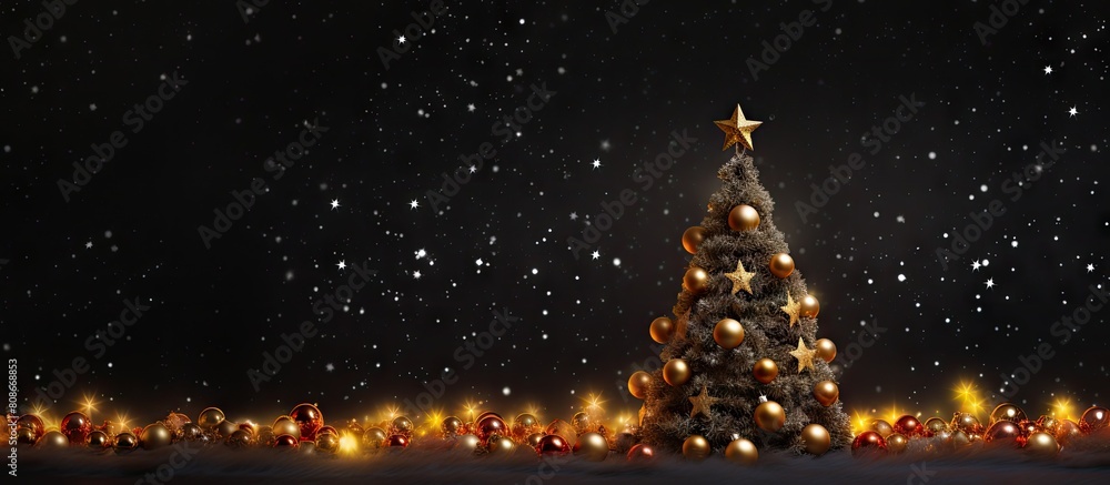 Poster A festive holiday background with a black backdrop adorned with a colorful array of small light bulbs a Christmas tree and gold and red decorations Perfect for adding copy space to your images