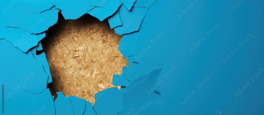 Aufkleber circular torn paper with a hole in cardboard set against a blue background providing ample copy spac