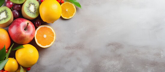 A variety of fresh tropical fruits including grapefruit lemon orange and kiwi are displayed on a light stone background in a top down view leaving room for additional imagery