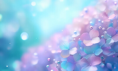 幻想的に輝く紫陽花と水の粒　梅雨のイメージ