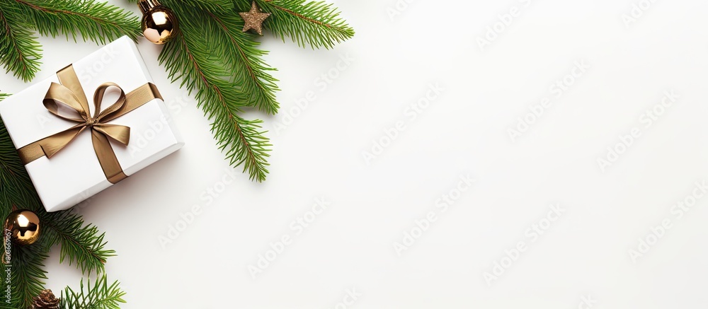 Poster a top view of christmas gift boxes and a fir tree on a white background creating a copy space image