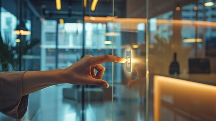 A woman's hand flips off a light switch in office. - Powered by Adobe