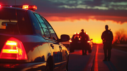 A police car stops a vehicle on a road during dusk. A male police officer walks up to the driver's side window, while a female police officer stands behind him for support.