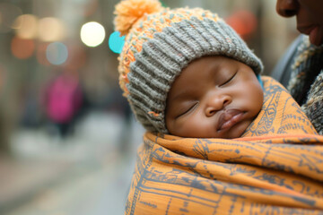 African infant sleeping in a sling, close-up with colourful bokeh background
