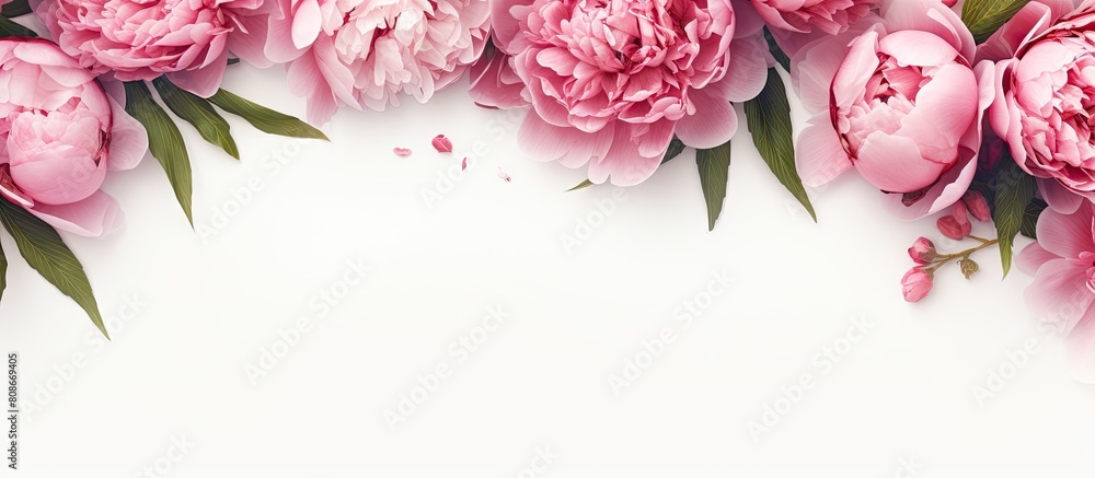 Poster the pink peony flowers create a beautiful frame on a white table perfect for adding your text this t