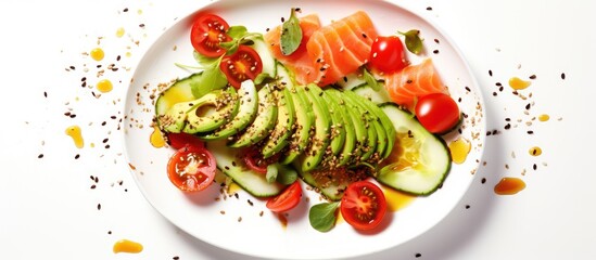 Copy space image of a refreshing salad featuring salted salmon avocado cucumber sesame seeds tomatoes and mixed herbs drizzled with olive oil all placed on a white background from a top view perspect