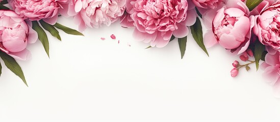 The pink peony flowers create a beautiful frame on a white table perfect for adding your text This top down view serves as a stunning flat lay background. Copy space image